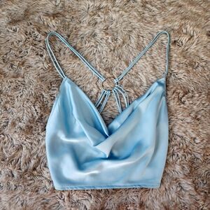 Rehab Lab Open Strappy Back Draped Crop‎ Top Silky Satin Baby Blue Women's Large